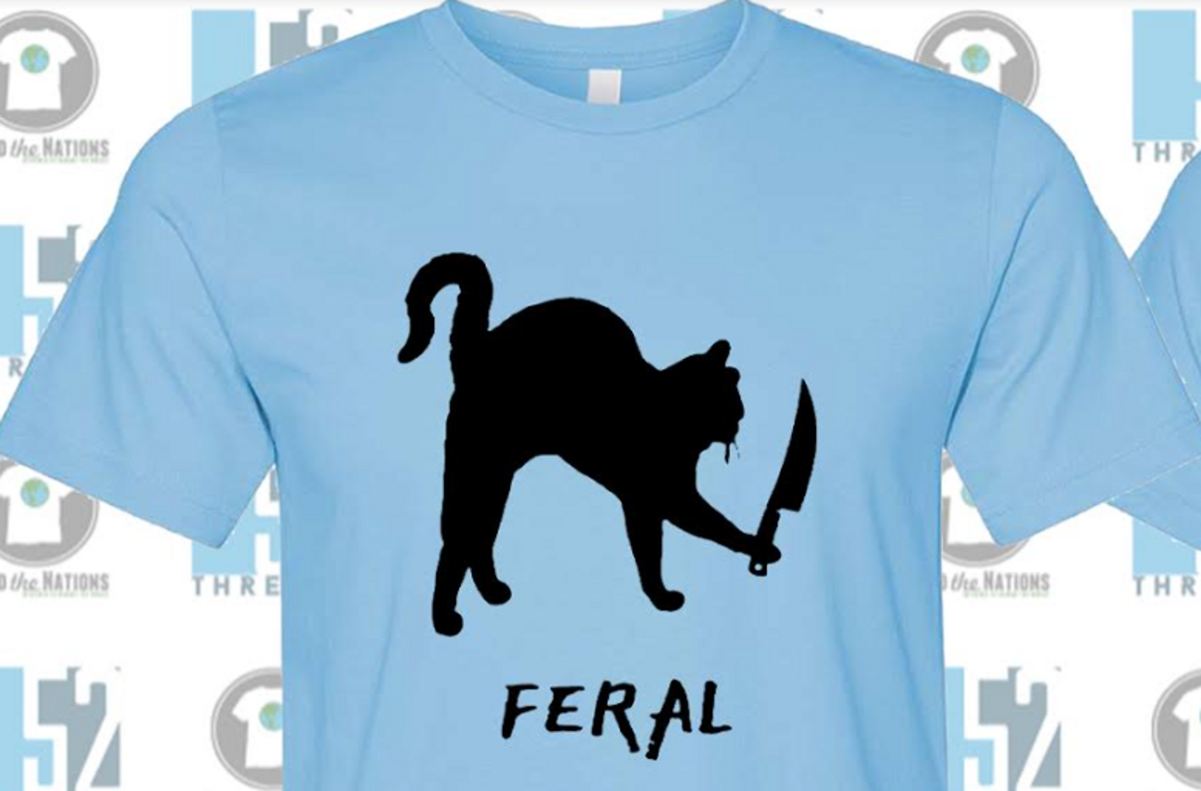 A shirt with a cat silhouette holding a knife with the word feral written beneath