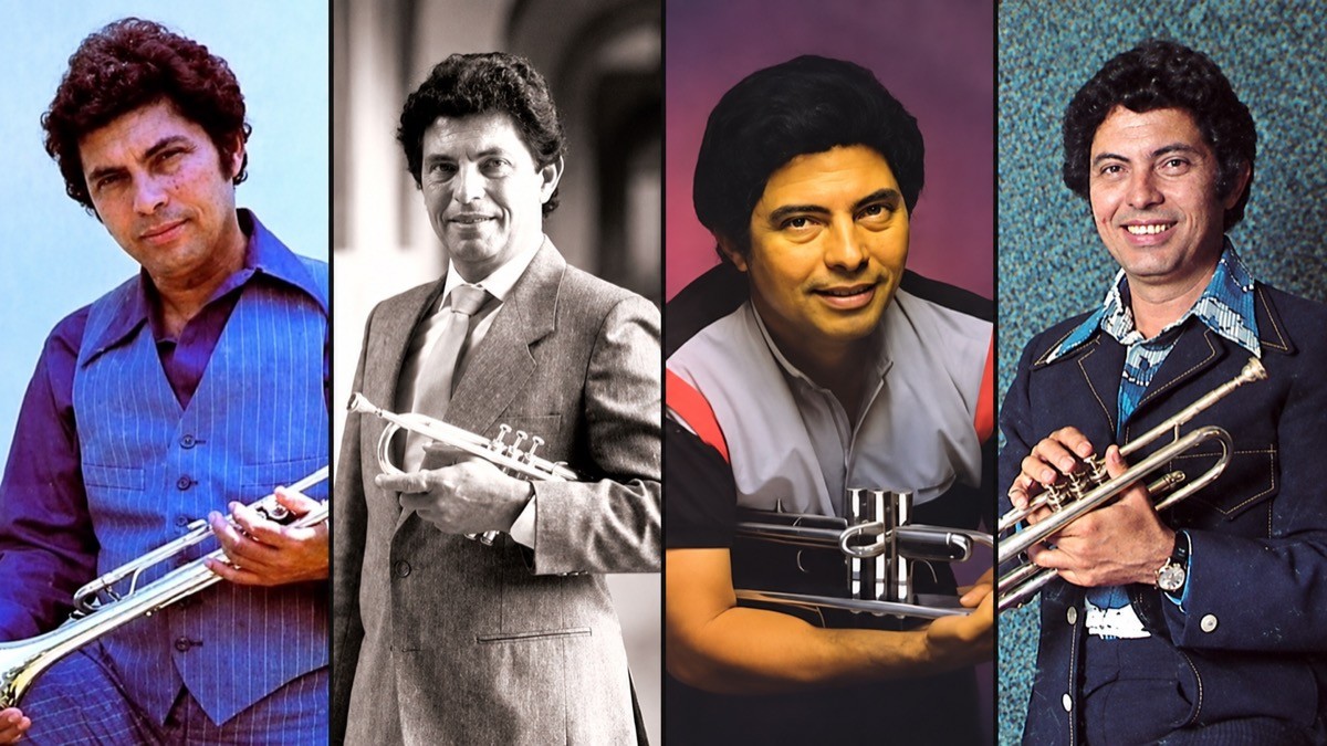 Collage horizontal de Mario Ortiz con su trompeta en cuatro retratos de diferentes epocas