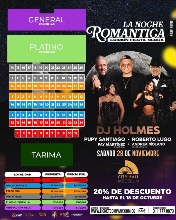 Mapa de localidades de City Hall para La Noche Romántica: palcos Alfombra Roja, Diamante, Oro y Plata, y zonas Platino y General con sillas