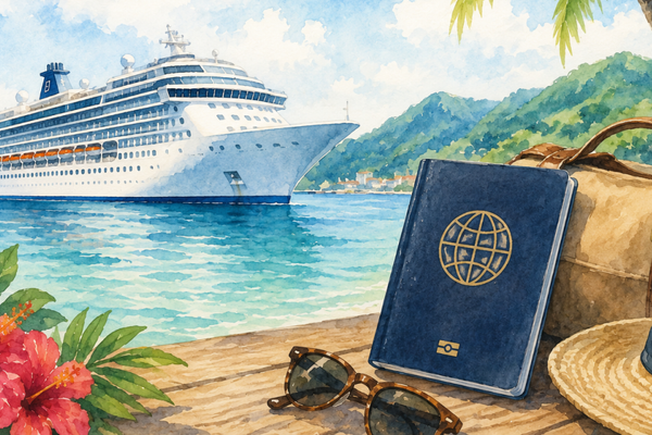 Watercolor illustration of ship and passport on a beach