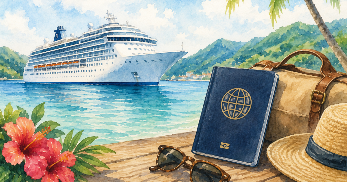 Watercolor illustration of ship and passport on a beach