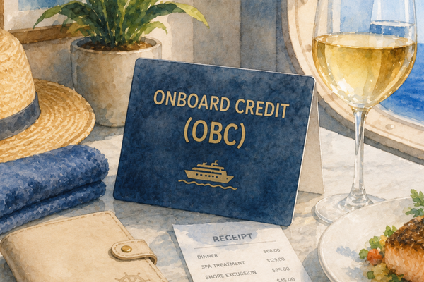 Onboard credit postcard in cruise ship dining room