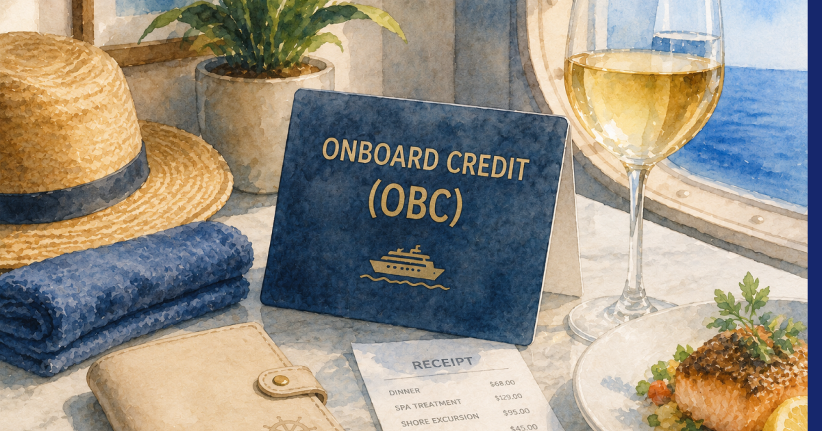 Onboard credit postcard in cruise ship dining room