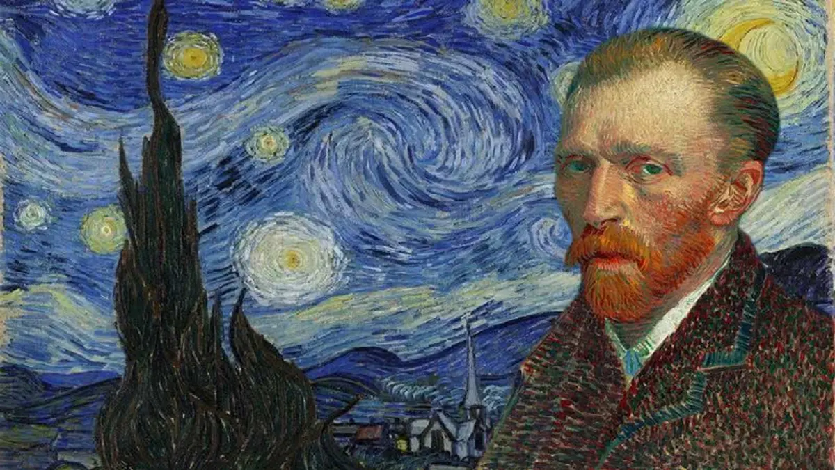 Collage with Vincent van Gogh's self-portrait and the painting 'The Starry Night' in the background