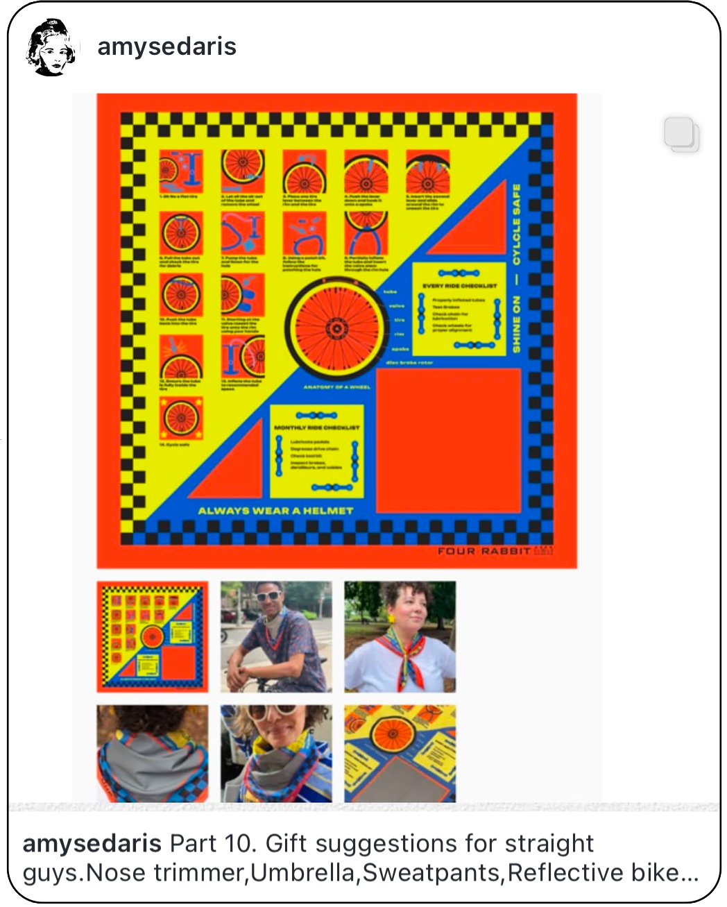 Colorful graphic design featuring wheel diagrams, safety checklist, and product photos by Four Rabbit.