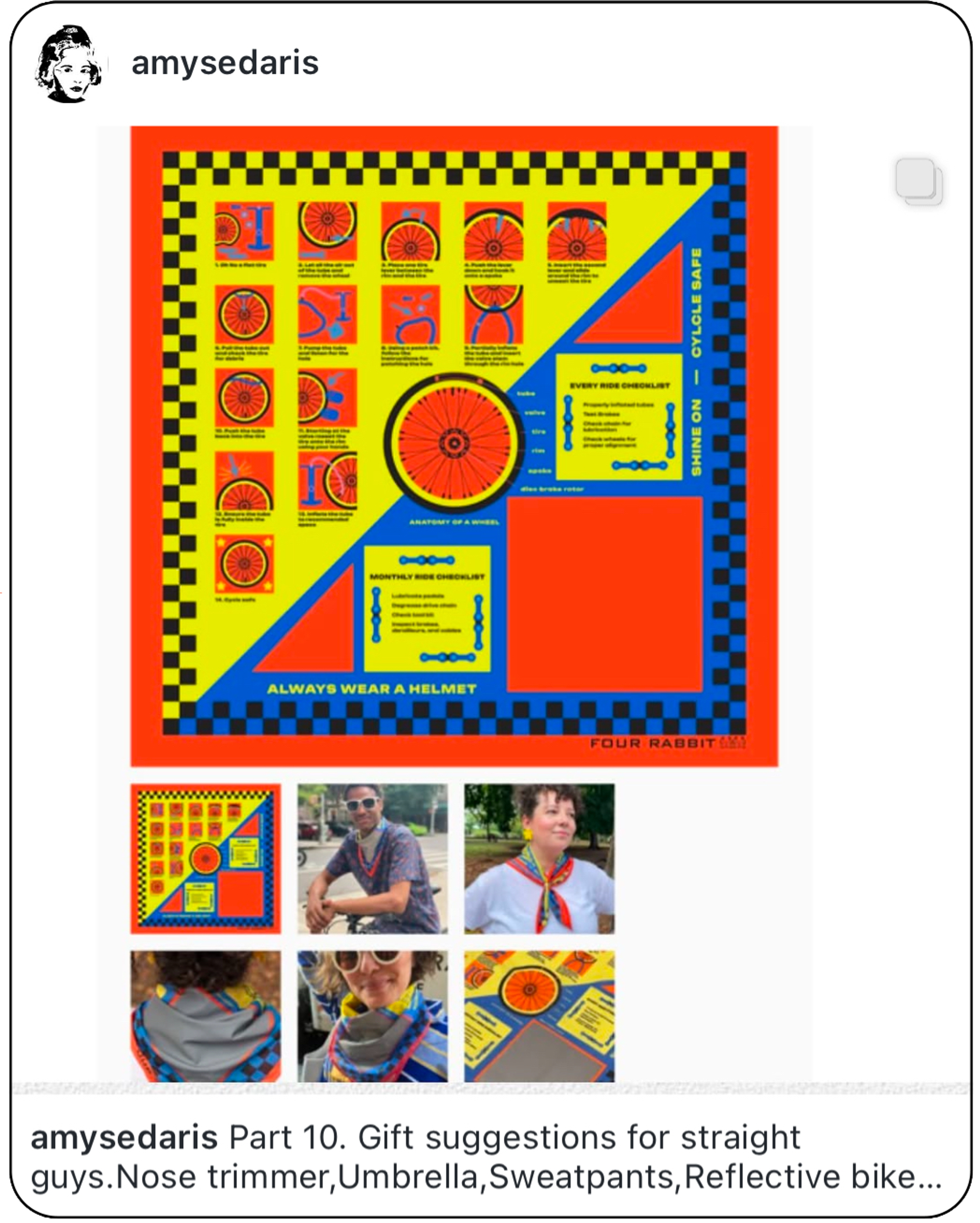 Colorful graphic design featuring wheel diagrams, safety checklist, and product photos by Four Rabbit.