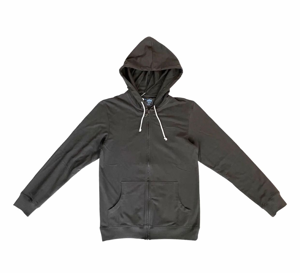 Charcoal gray zip-up hoodie with drawstring hood and front pockets displayed flat.