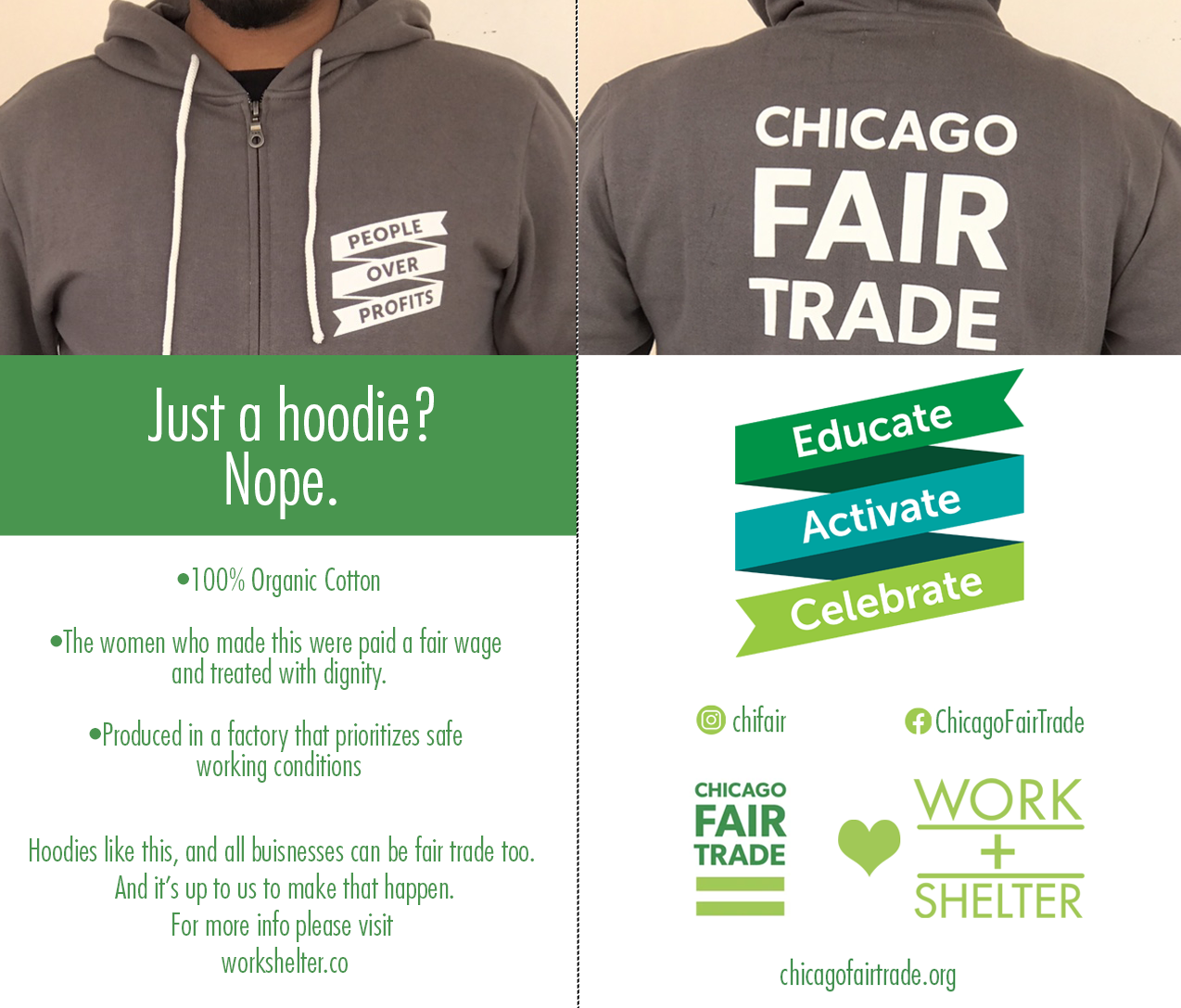 Gray "Chicago Fair Trade" hoodie front and back featuring ethical production messaging and fair trade organization logos.