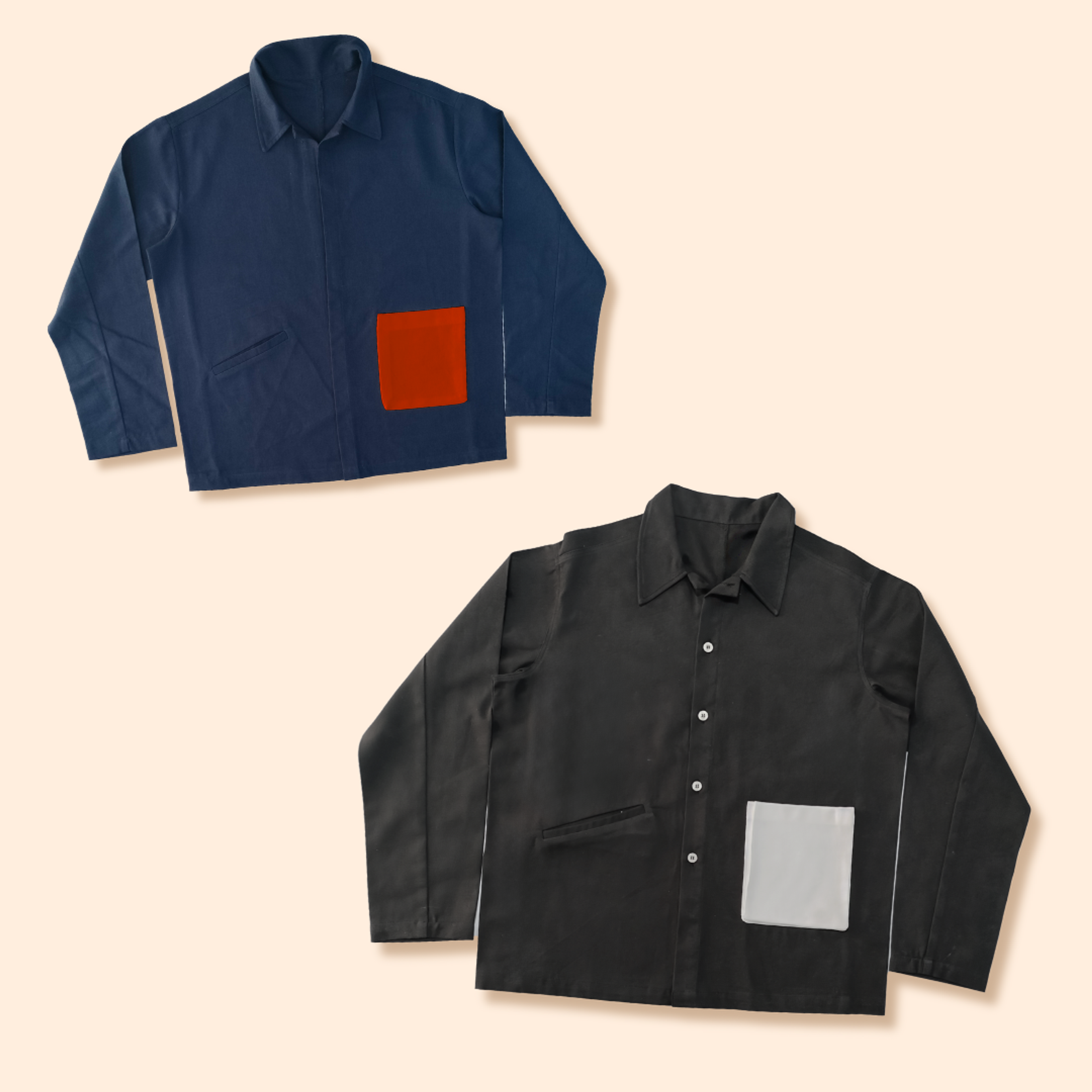 Two work jackets displayed: navy blue with red patch, black with gray patch.