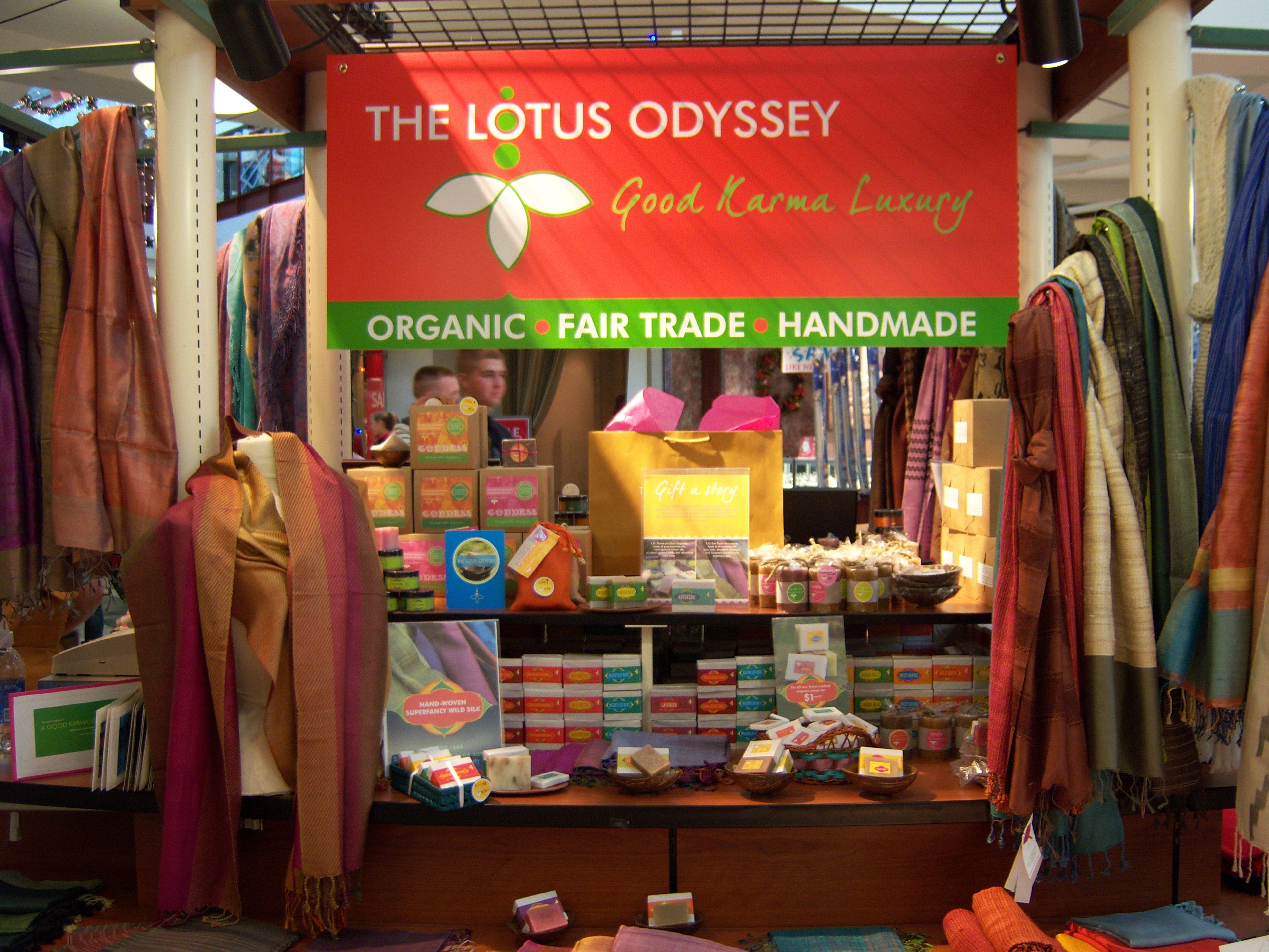 The Lotus Odyssey storefront displaying organic, fair trade handmade textiles and goods.