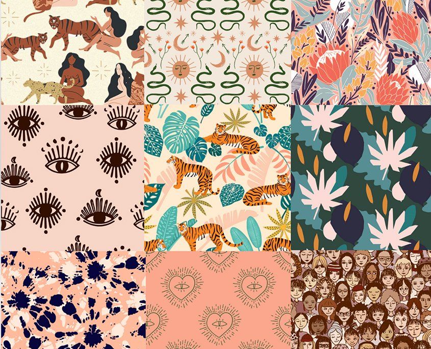 Nine decorative fabric patterns featuring tigers, eyes, snakes, flowers, hearts, and diverse faces.
