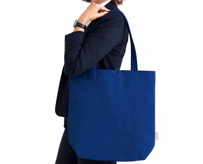 Tall tote in 100% ogranic cotton canvas in dyed to match blue
