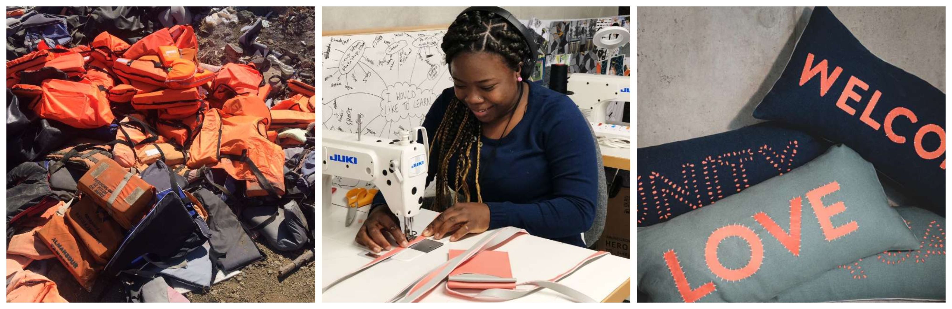 Woman sewing life jackets; pile of orange vests; welcome banner with red text.