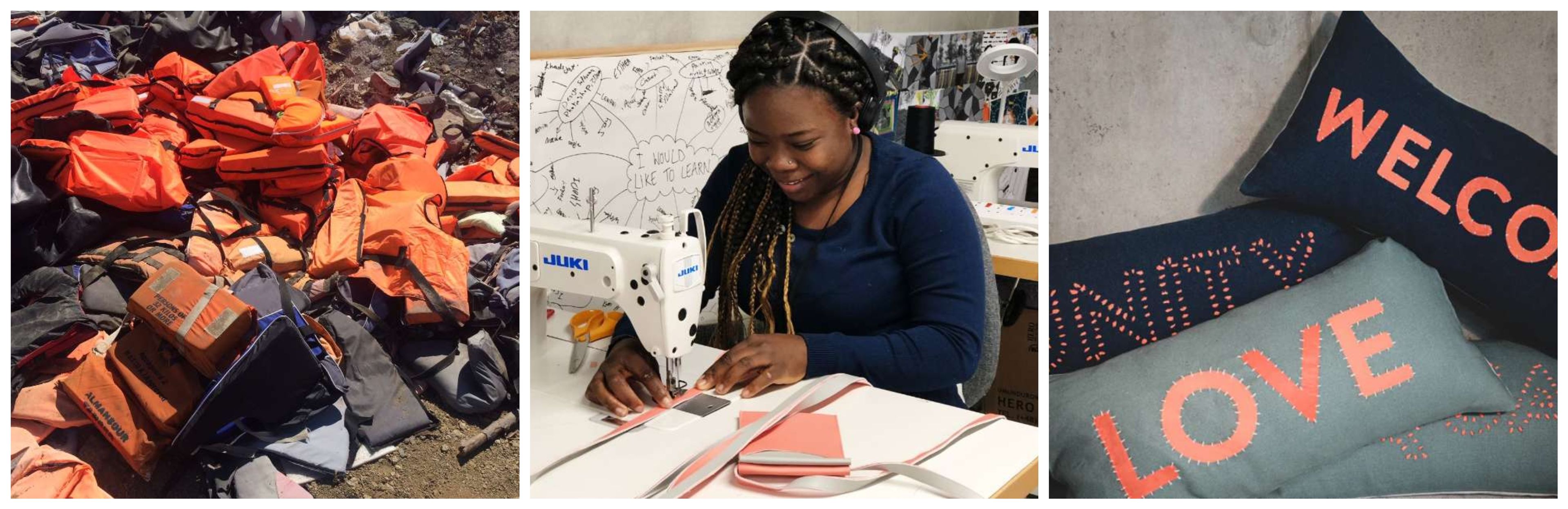 Woman sewing life jackets; pile of orange vests; welcome banner with red text.
