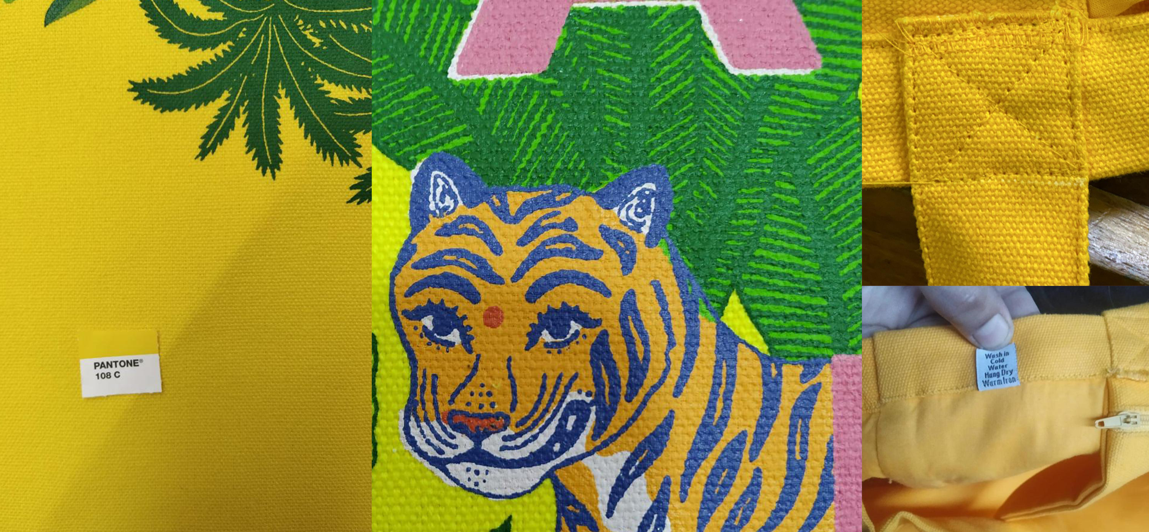 Colorful fabric swatches featuring tiger face design and Pantone color reference label.