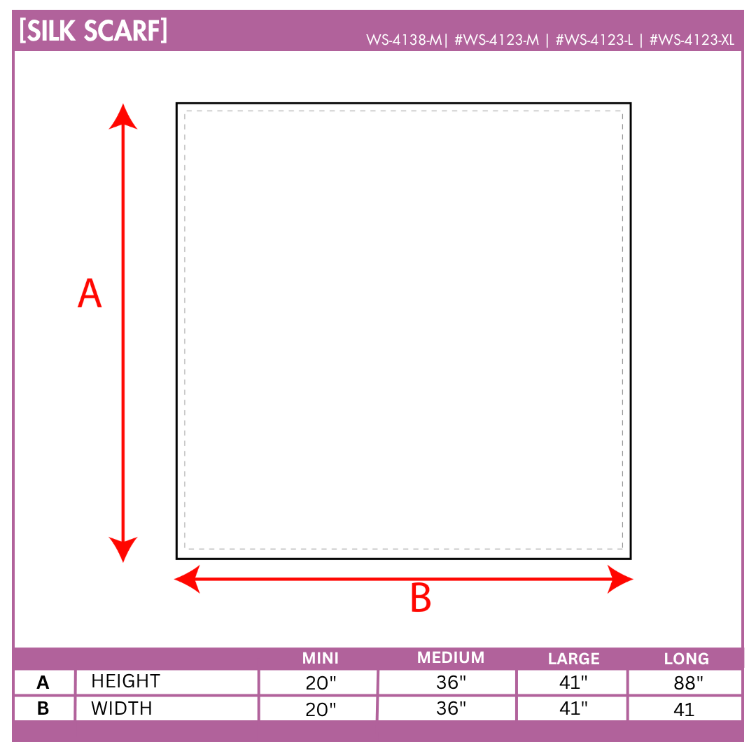 A technical chart for silk scarves showing four dimensions: Mini (20"x20"), Medium (36"x36"), Large (41"x41"), and Long (88"x41")