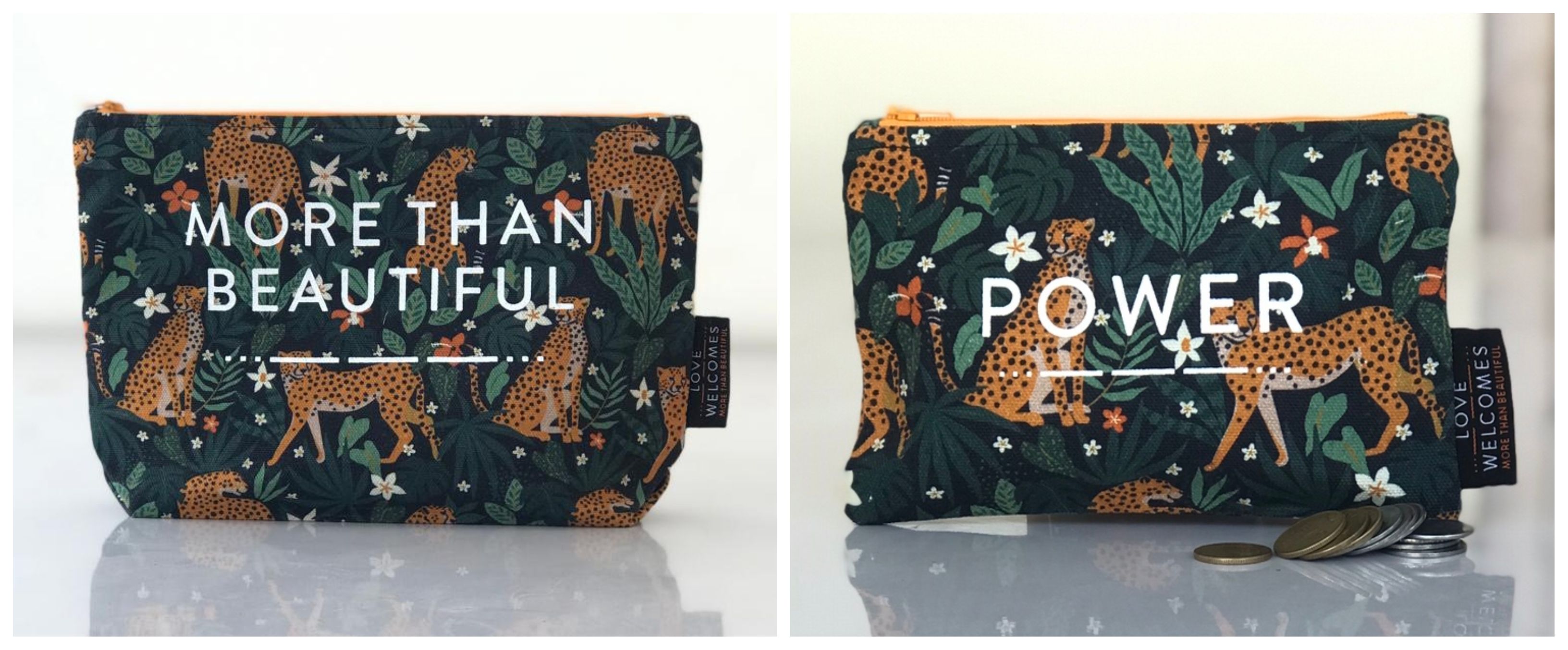 Two patterned pouches with leopard and floral design displaying empowering messages.