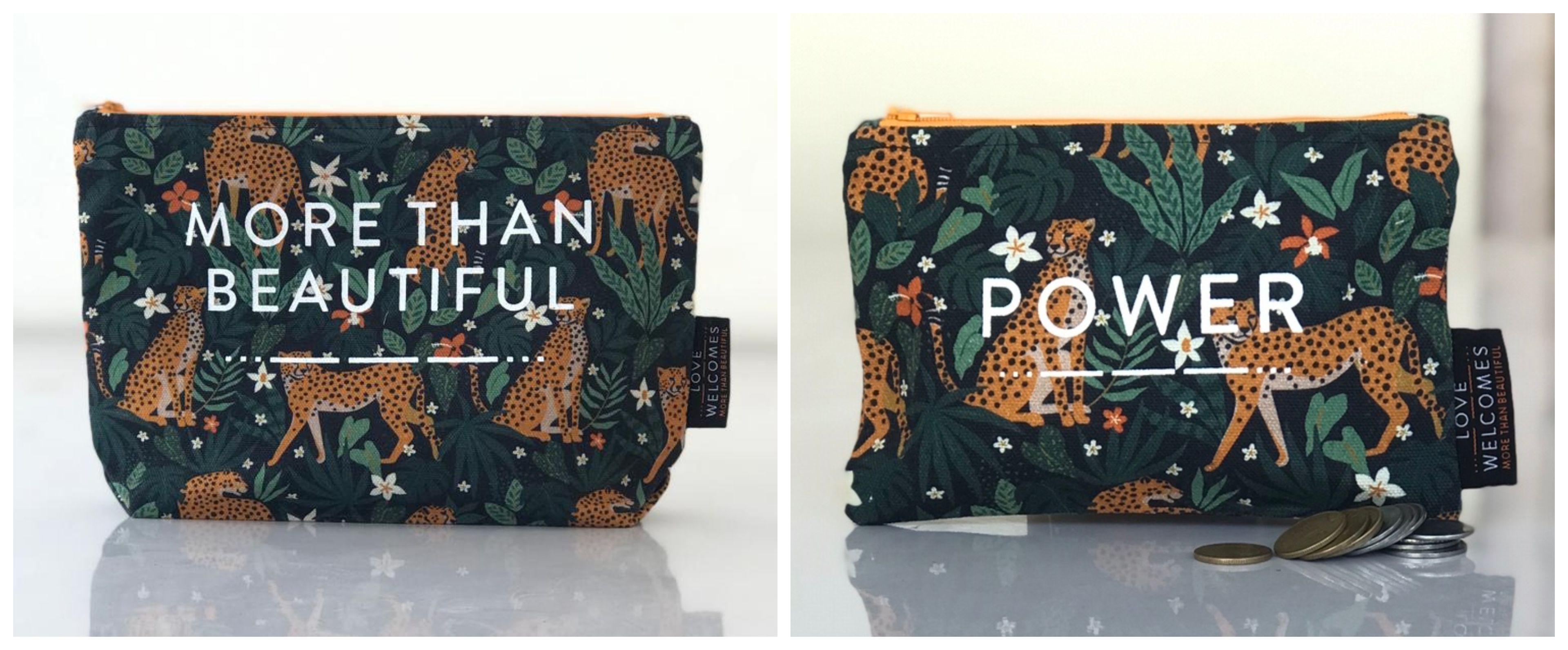 Two patterned pouches with leopard and floral design displaying empowering messages.