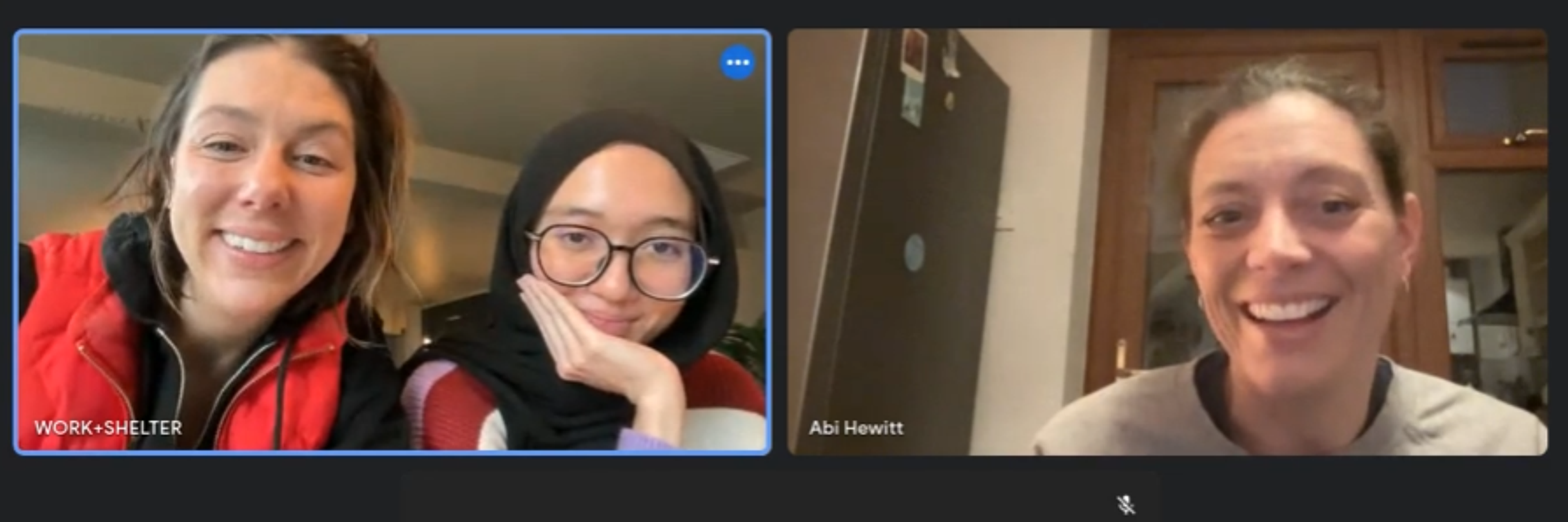 Three women in a video call: two from Work+Shelter, one identified as Abi Hewitt.