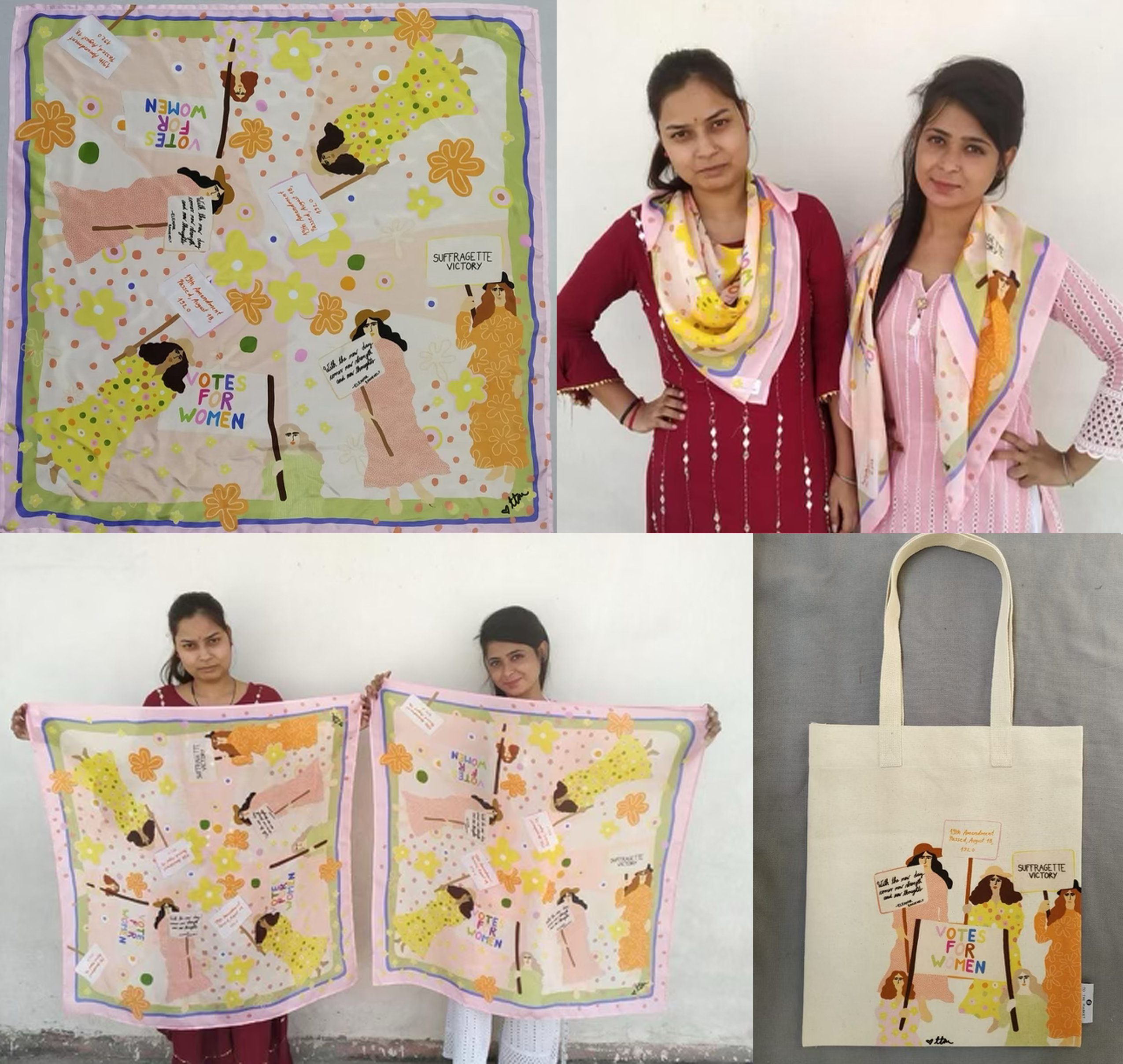 # Alt Text

Four photos showing women's suffrage themed scarf and tote bag designs with illustrated figures and colorful patterns.