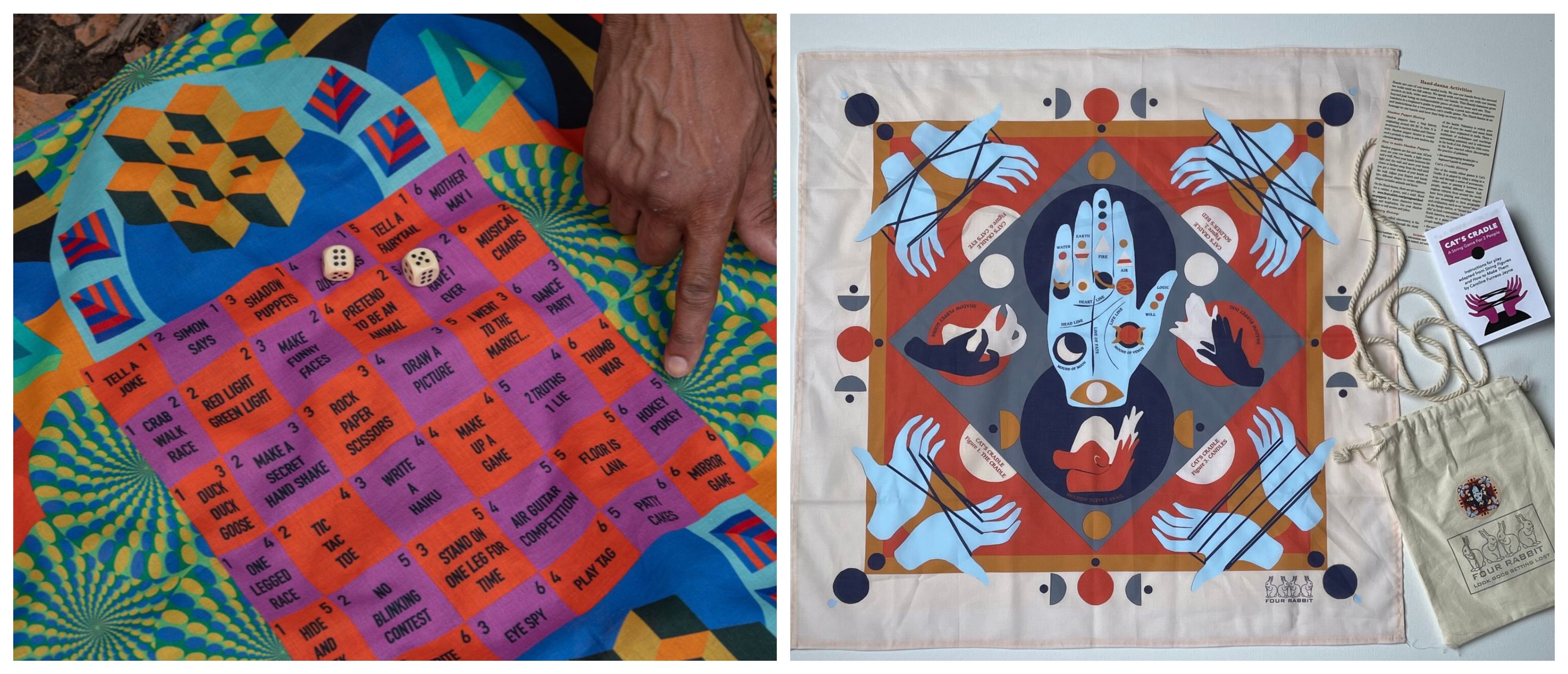 # Alt Text

Left: Colorful board game with numbered squares and text. Right: Decorative fabric art with mystical hand design and celestial symbols.
