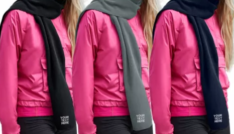 Three views of woman wearing pink jacket with draped scarf in black, gray, and navy.