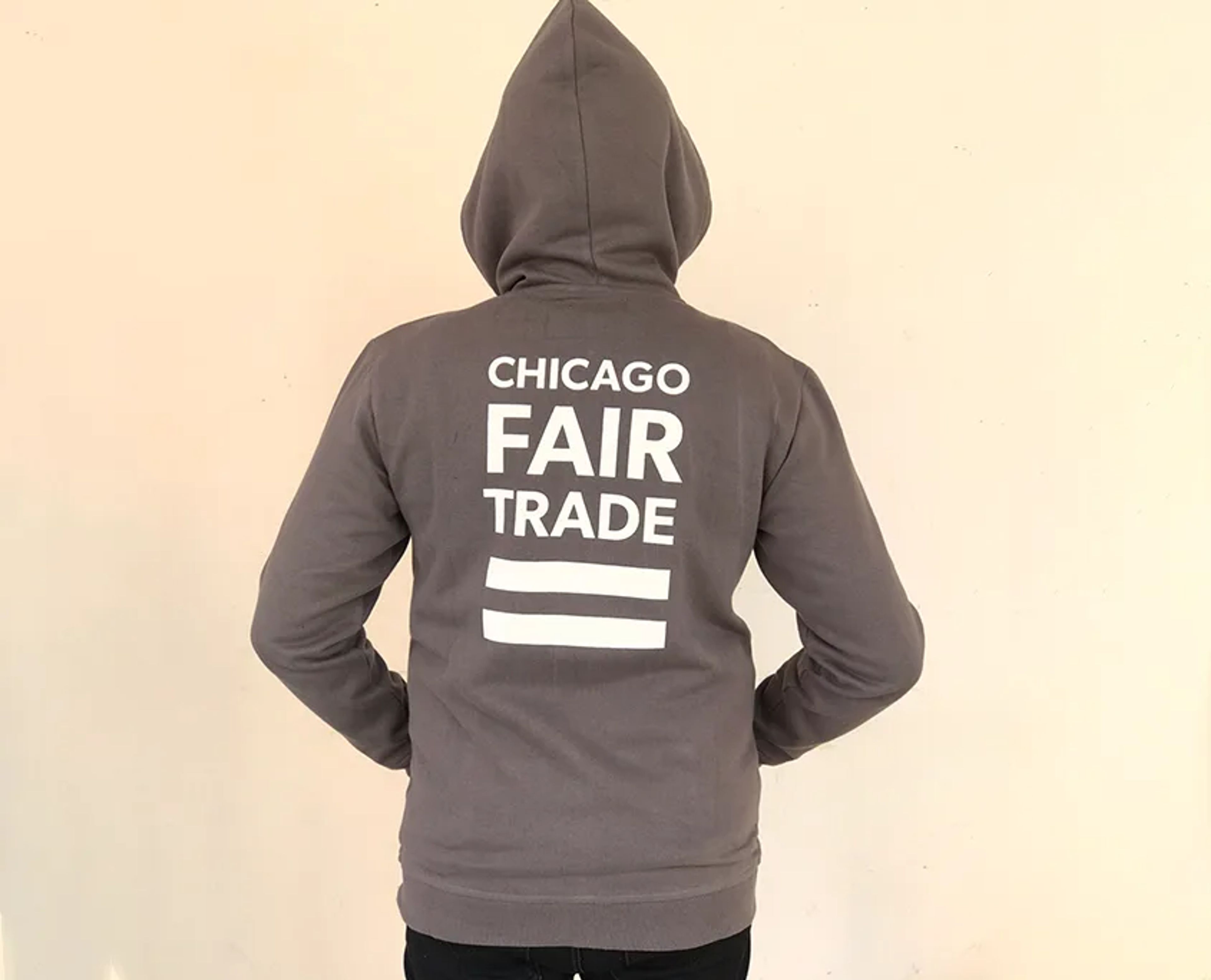 Gray Zip Hoodie in 100% organic cotton french terry with screenprinted artwork