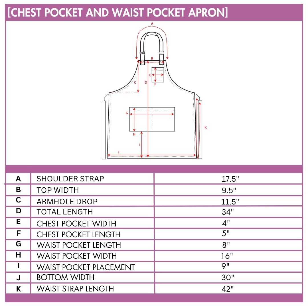A technical spec sheet for a 'Chest Pocket and Waist Pocket Apron' featuring a line drawing of an apron with red arrows indicating various measurement points labeled A through K. Below the drawing is a purple and white table providing the specific dimensions for each labeled part, such as total length, strap length, and pocket sizes.