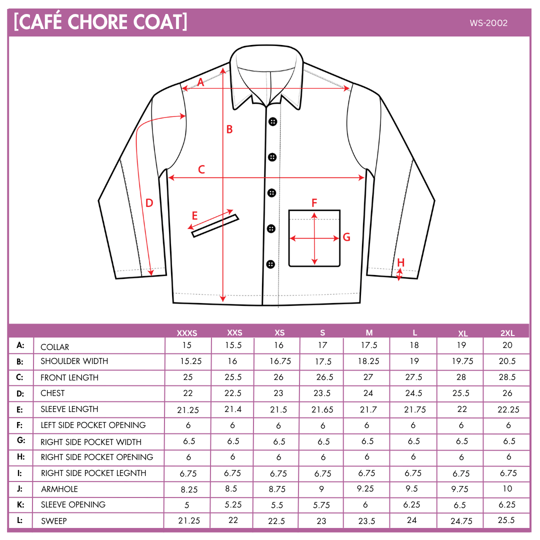 Café Chore Coat measurement chart.