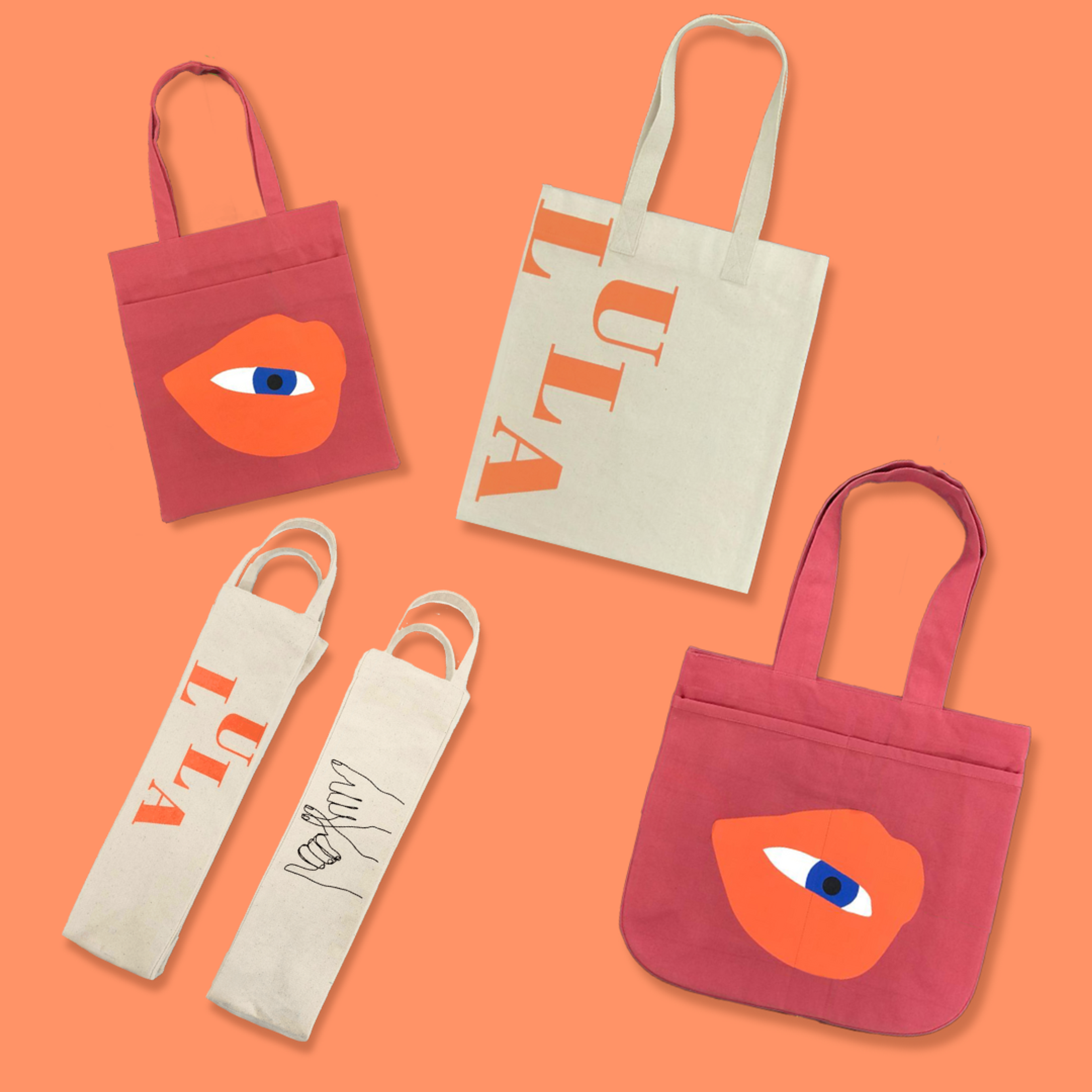 Collection of tote bags and pouches with eye designs in pink and cream on orange background.