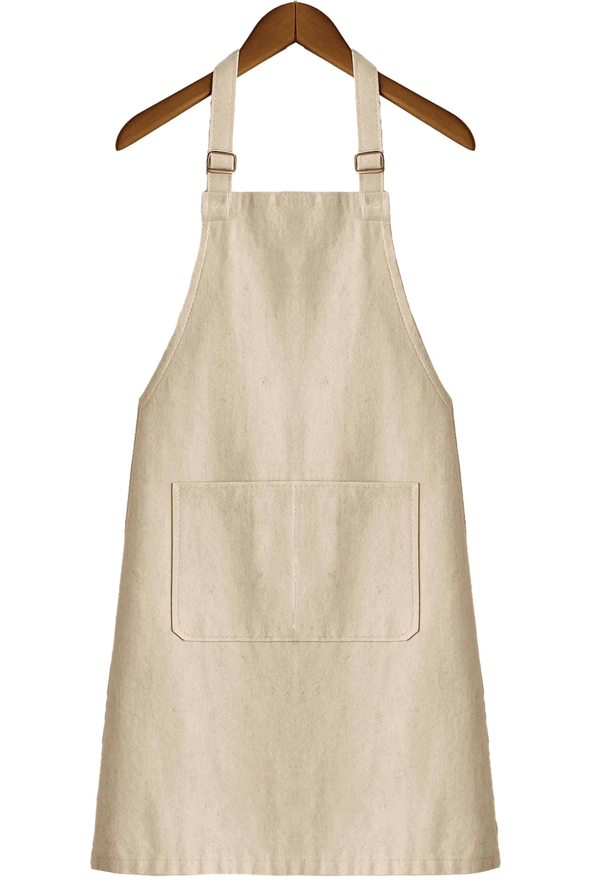 A natural-canvas apron produced by Work+Shelter, displayed on a wooden coat hanger
