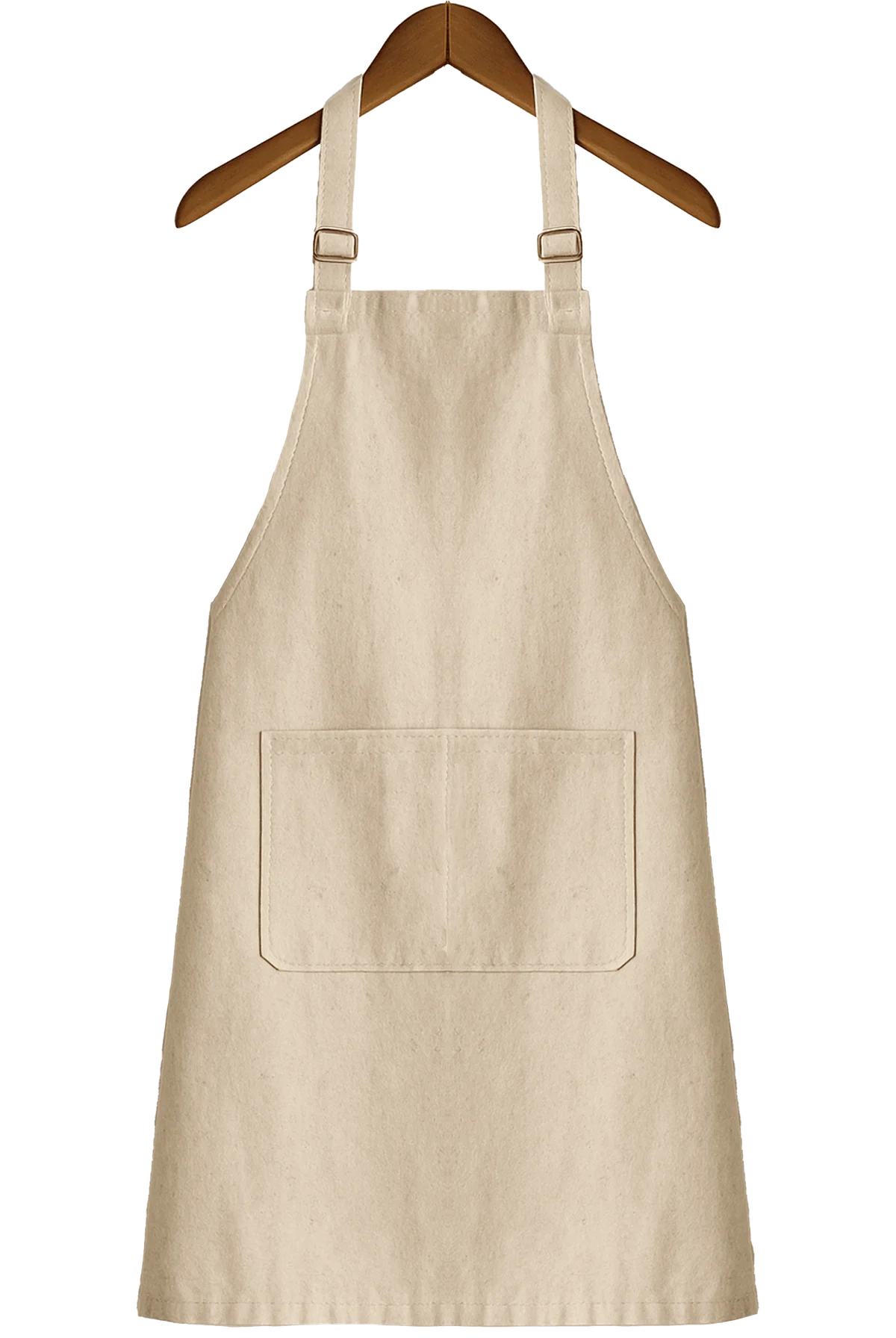A natural-canvas apron produced by Work+Shelter, displayed on a wooden coat hanger