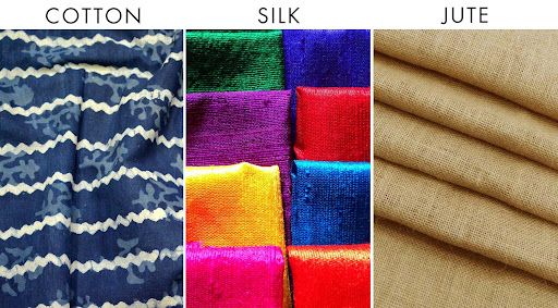 Three fabric types displayed: patterned cotton, colorful silk swatches, and plain jute textile.