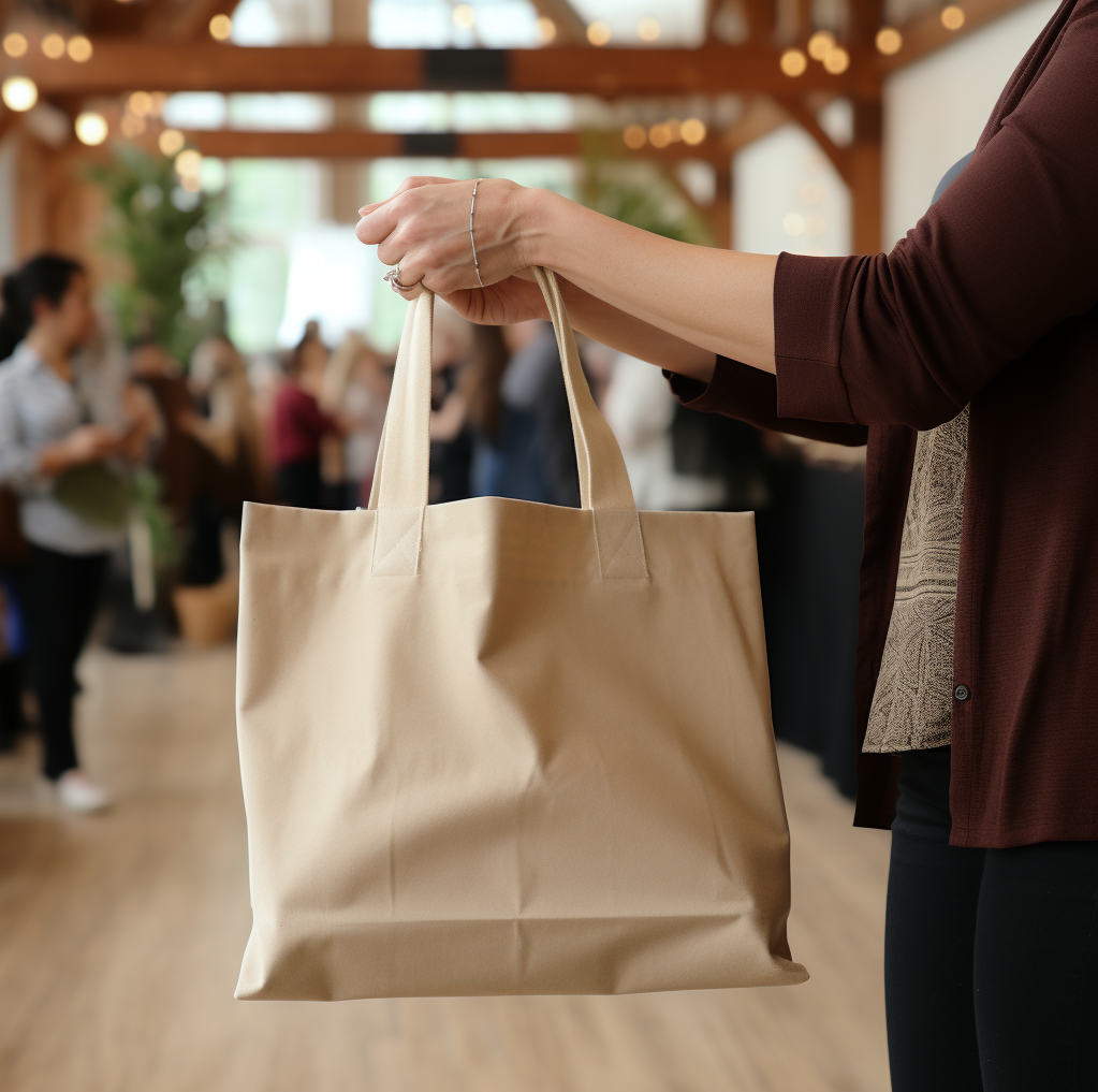 Woman holding cream canvas tote bag at indoor event with blurred crowd background.