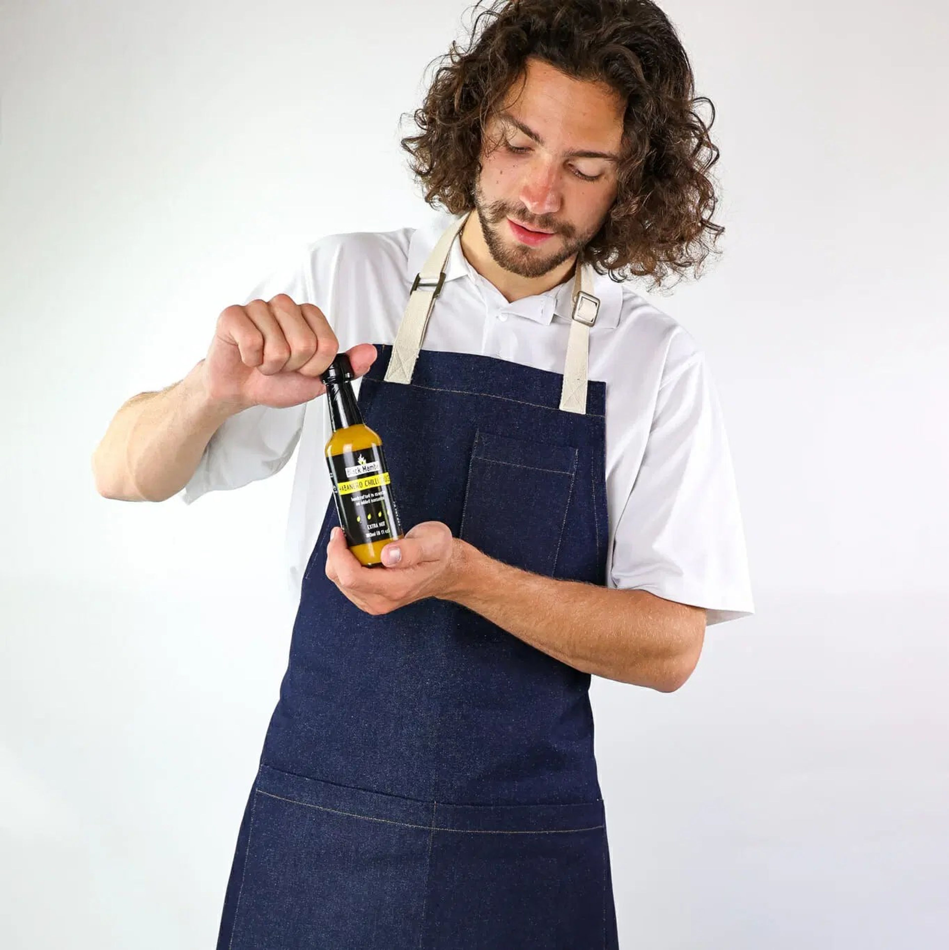 Screen printed apron made from BCI denim