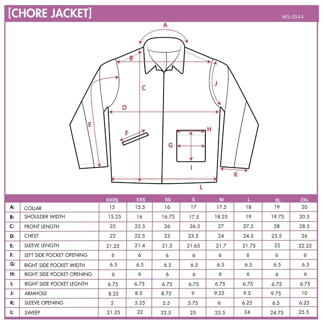 Chore Jacket measurement chart.