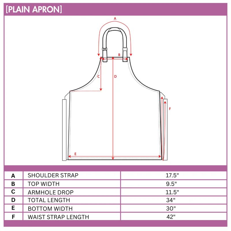 A technical spec sheet for a 'Plain Apron' featuring a line drawing of an apron with red arrows indicating various measurement points labeled A through F. Below the drawing is a purple and white table providing the specific dimensions for each labeled part, such as total length, and strap length.