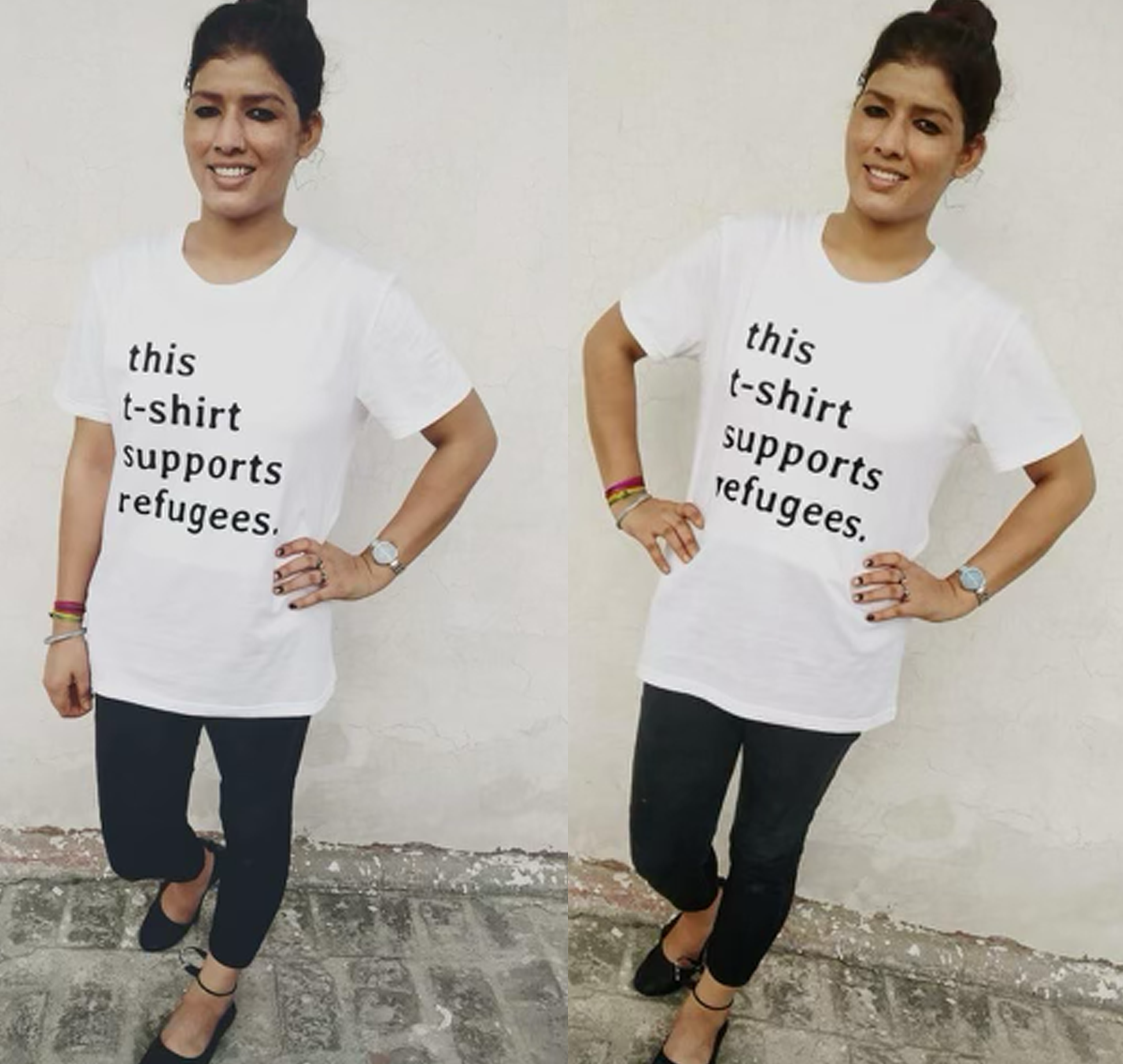 Woman wearing white t-shirt with "this t-shirt supports refugees" text, black leggings, posed twice.
