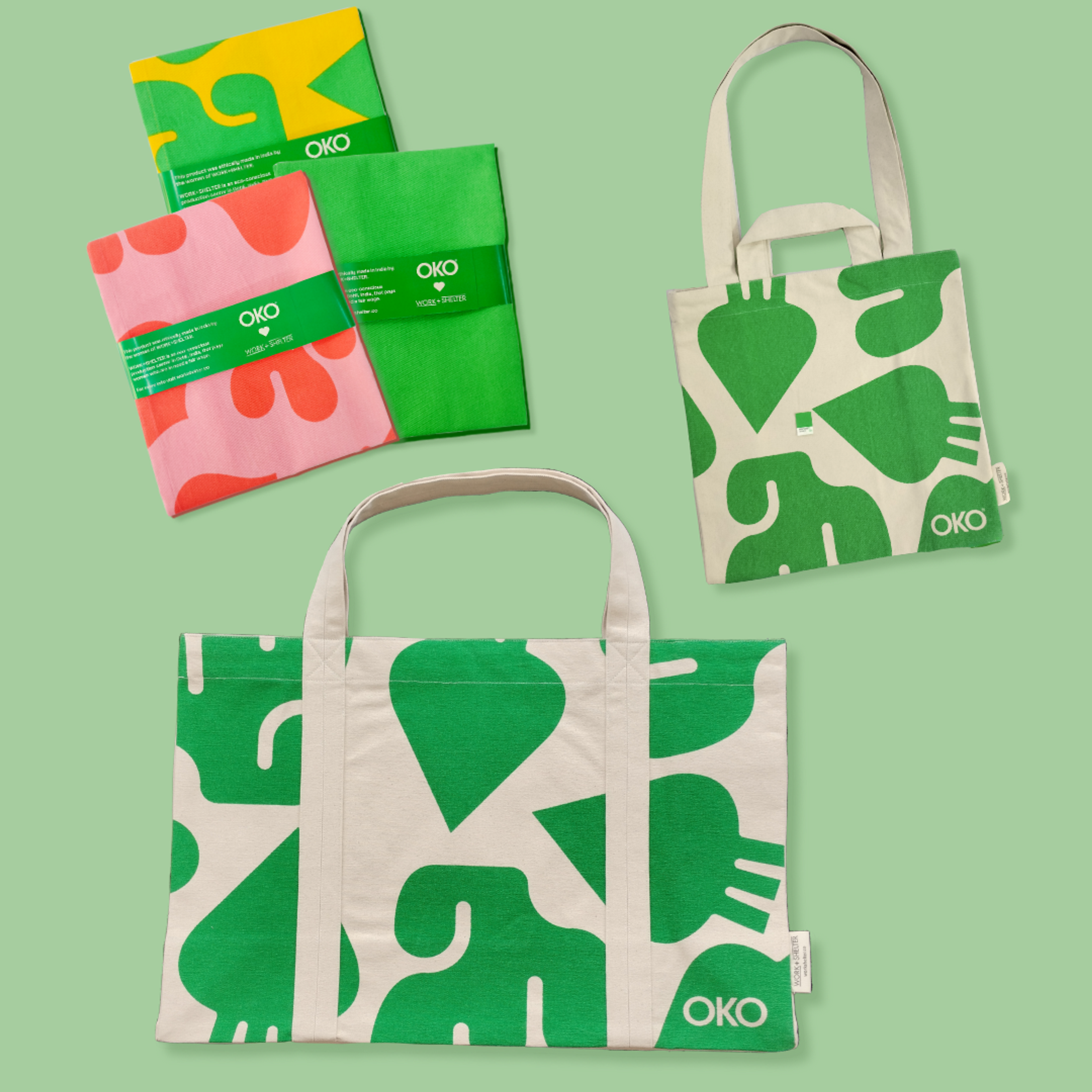 OKO brand eco-friendly product packaging and reusable tote bags with green vegetable patterns displayed.