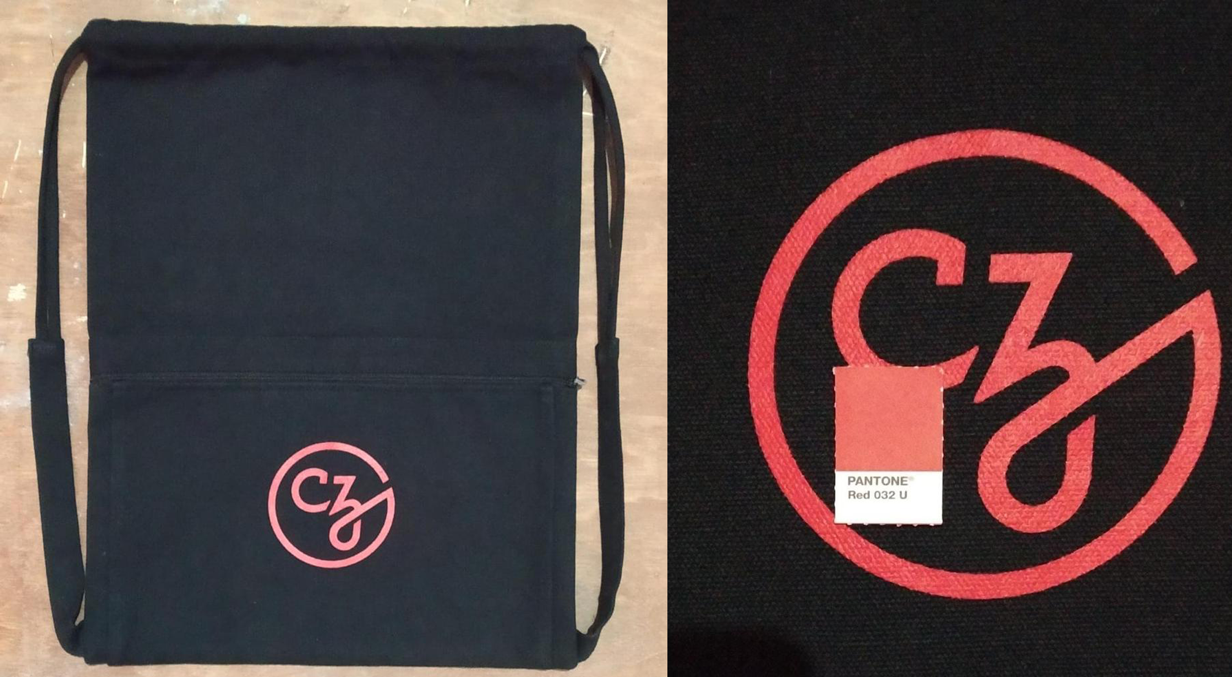 Black drawstring bag and logo design featuring "CZ" in coral red circle.
