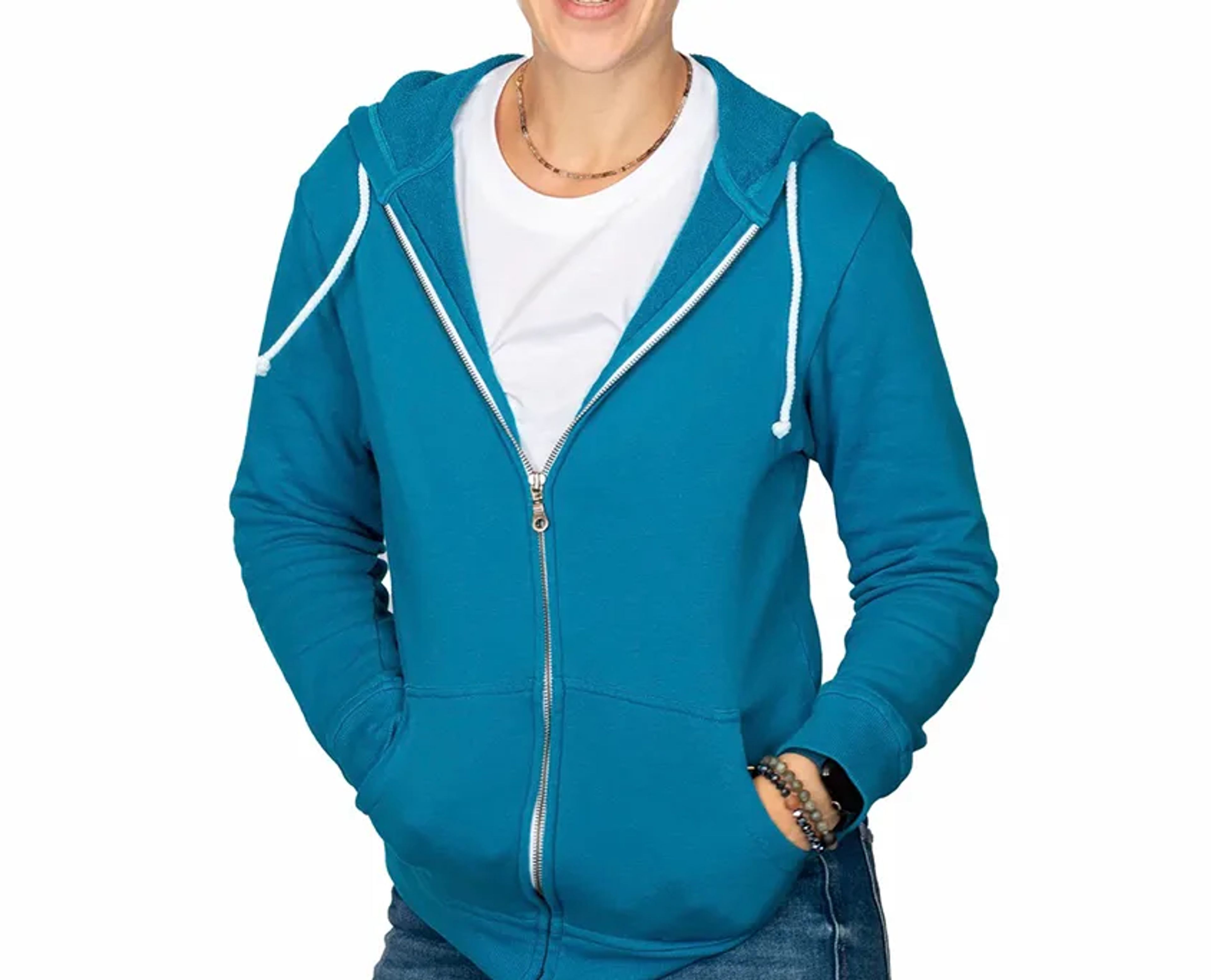 Teal Zip Hoodie in 100% organic cotton french terry