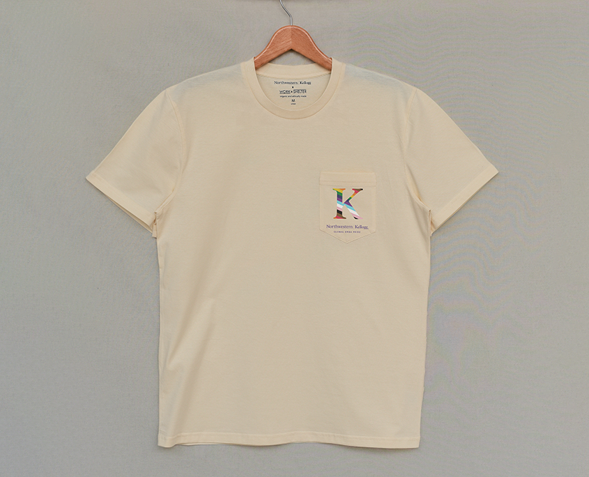 Unisex Crewneck Tee in navy with heat transfer artwork on pocket
