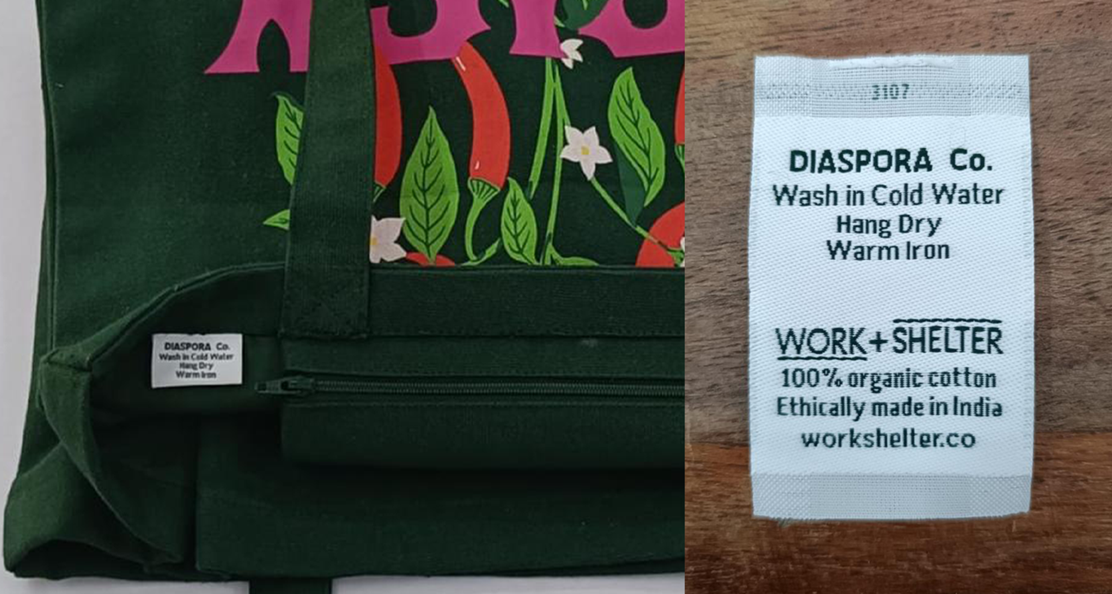 Two care labels from DIASPORA Co./WORK+SHELTER showing washing instructions and product details on fabric.