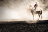 Cowboy riding horse in fog