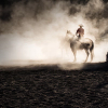 A cowboy on a horse in rodeo dust