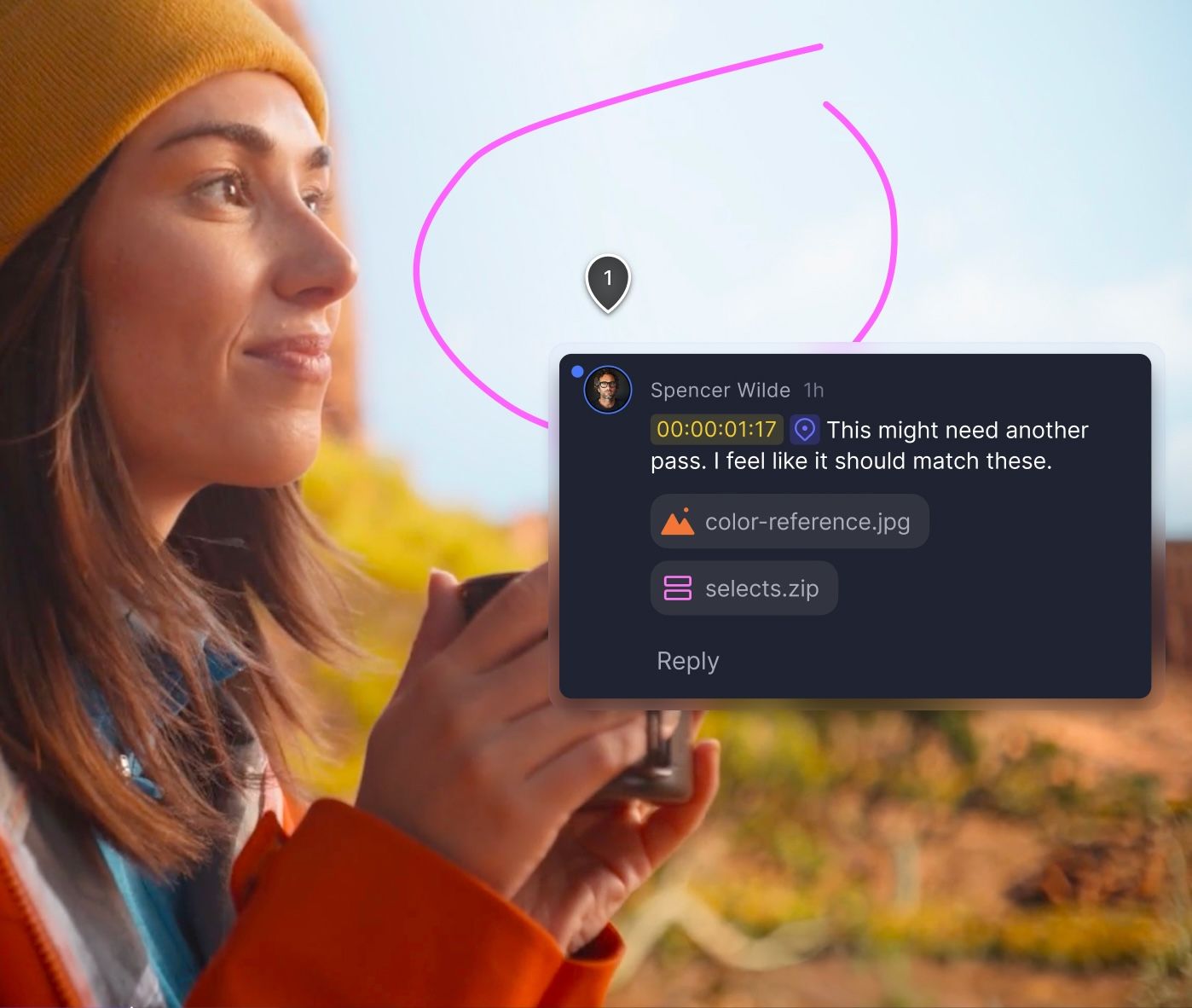 A woman in a beanie and jacket, holding a mug, with a software comment overlay requesting color correction for a highlighted sky area.