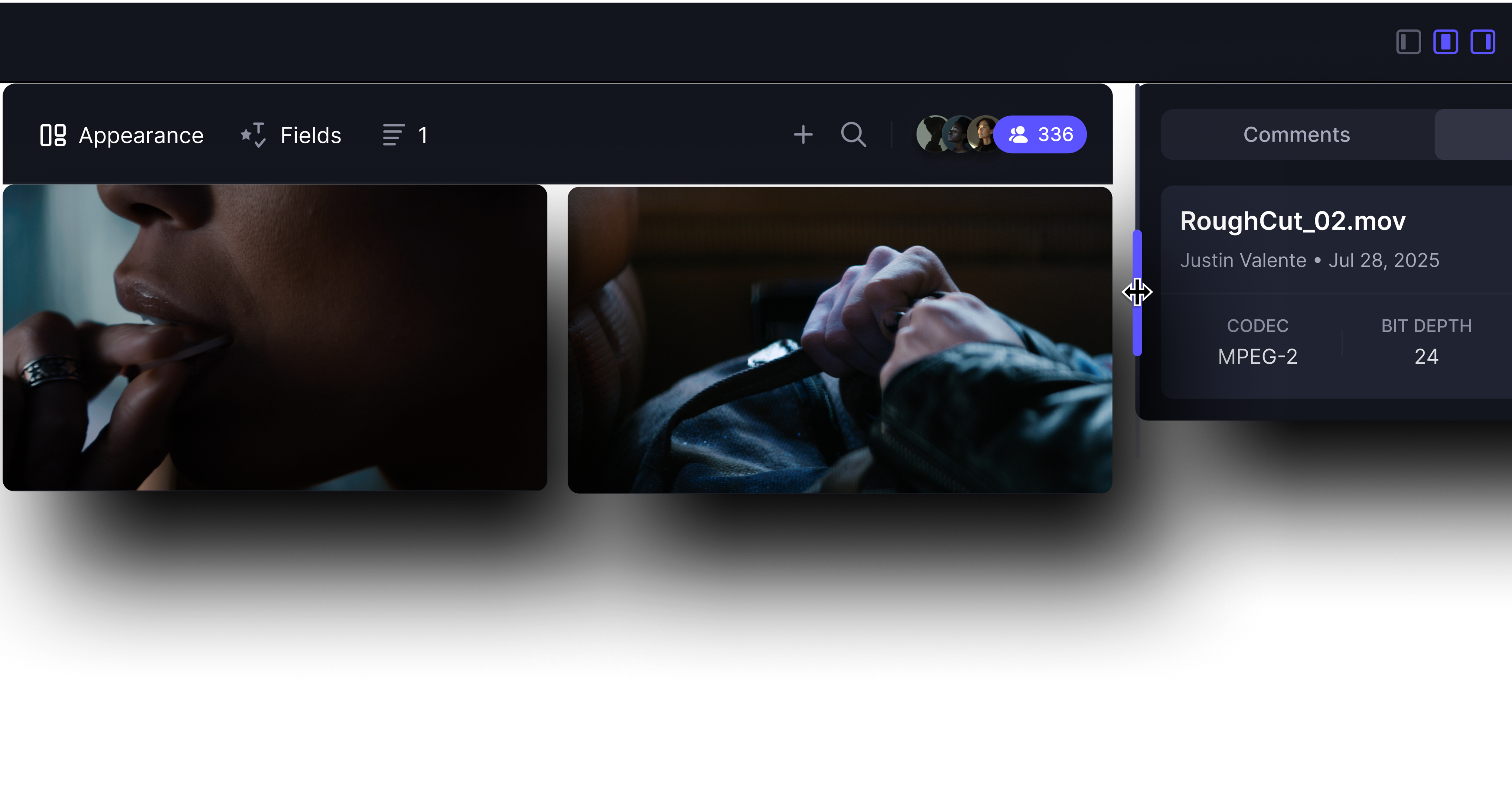Frame.io interface screenshots