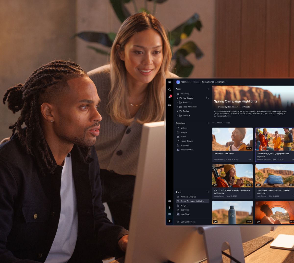 Two people review media assets for a using Frame.io Mounted Storage project on a computer screen.