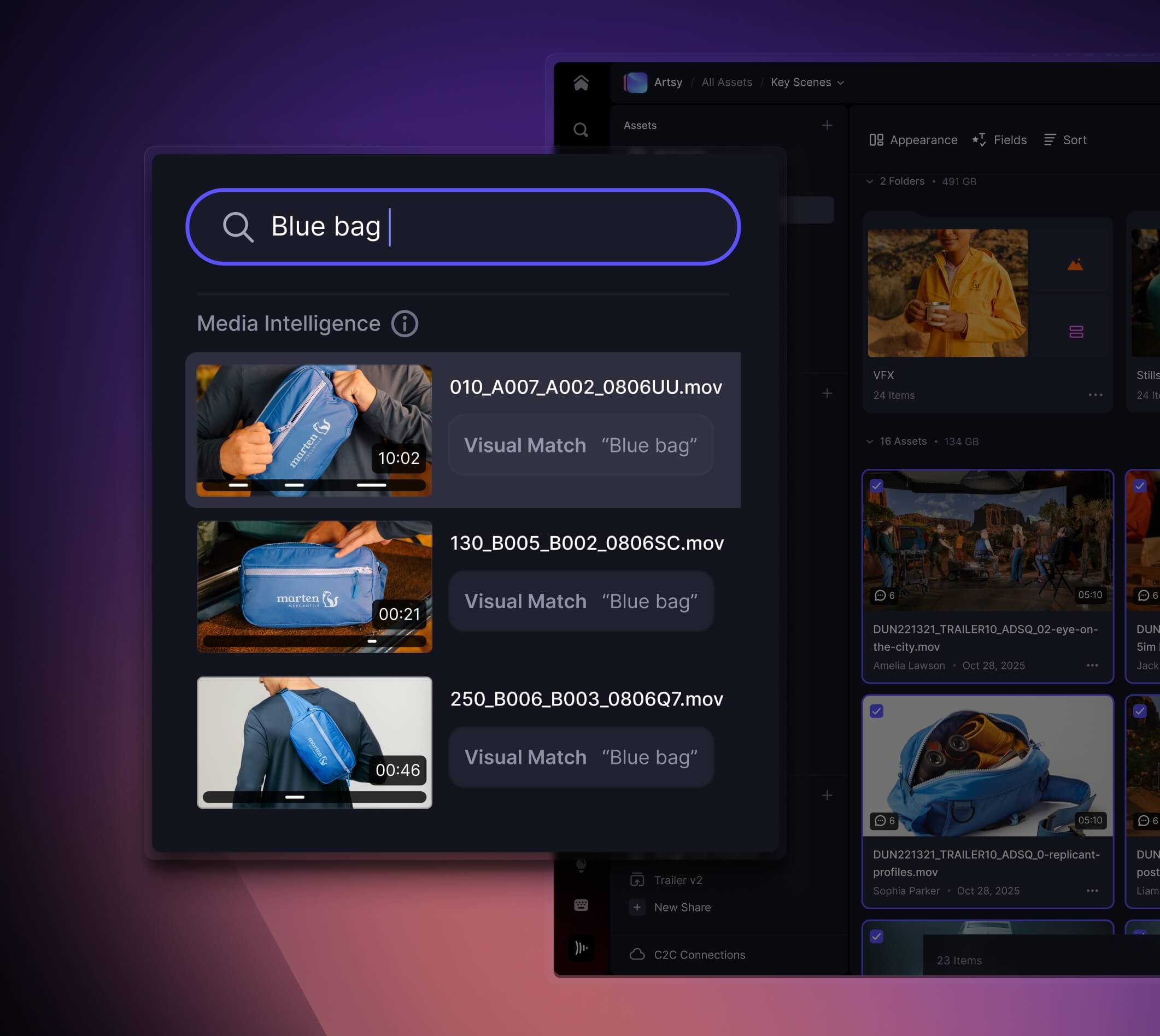 Frame.io interface screenshot of Semantic Search