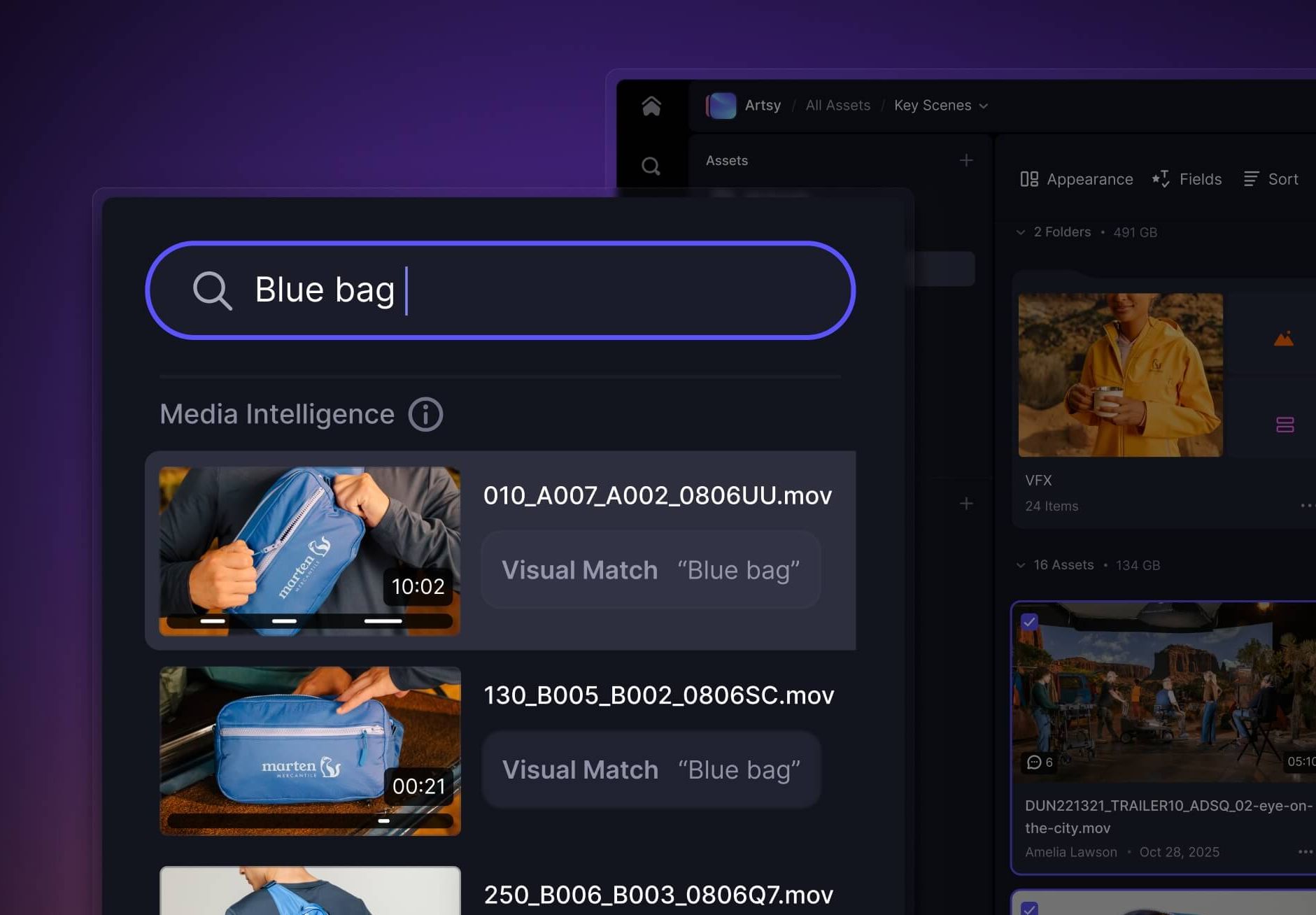 Frame.io interface screenshot of Semantic Search